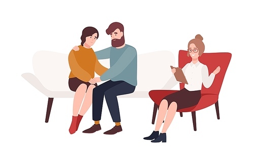 Happy married couple on couch and female psychologist or psychotherapist sitting in front of them. Resolved family conflict, relationship problem, reconciliation. Flat cartoon vector illustration