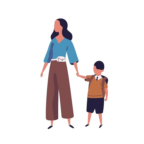 Mother leading her son to school. Portrait of modern family walking together. Parent and little pupil boy holding hands isolated on white . Colorful vector illustration in flat style