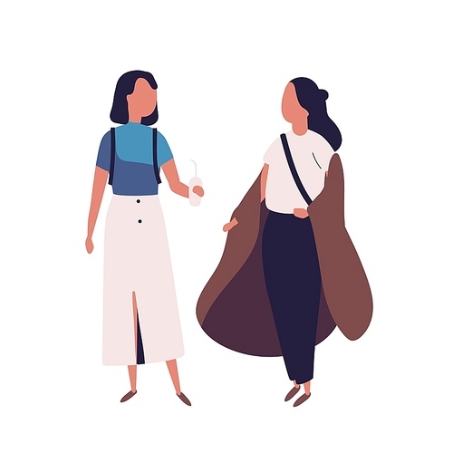 Pair of school teenage girls. Female students, pupils, classmates or friends standing together and having conversation, talking or chatting. Colorful vector illustration in modern flat style