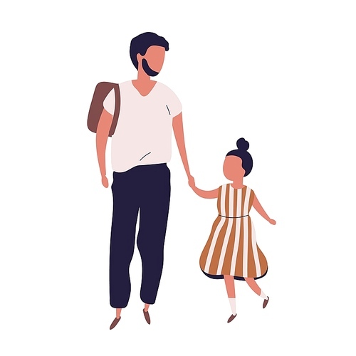 Father leading his pupil daughter to school. Portrait of modern family walking together. Dad and little girl holding hands isolated on white . Colorful vector illustration in flat style
