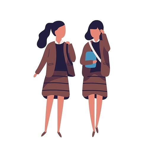 Pair of girls dressed in school uniform. Female students, pupils, classmates, schoolfellows walking together and talking to each other or chatting. Colored vector illustration in modern flat style