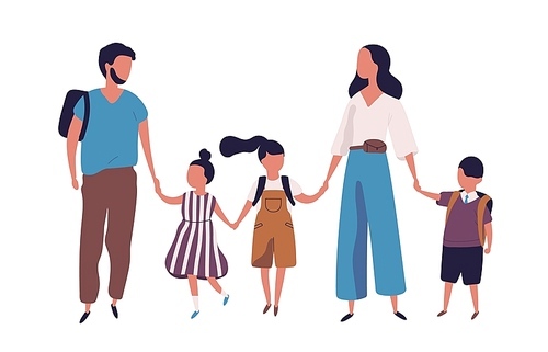 Mother and father leading their children to school. Portrait of modern family walking together. Parents and kids holding hands isolated on white . Colorful vector illustration in flat style