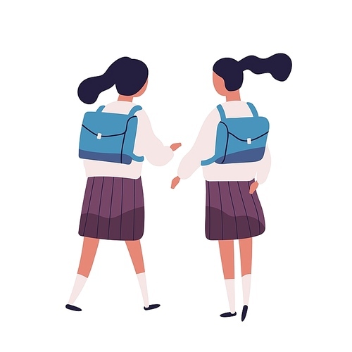 Pair of girls or twin sisters dressed in school uniform. Female students, pupils, classmates, classfellows or friends walking together and talking or chatting, back view. Flat vector illustration
