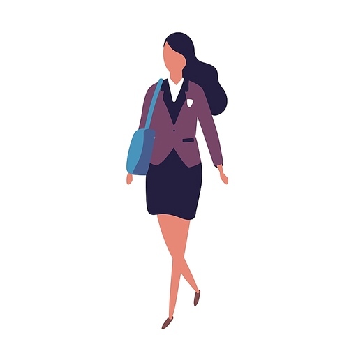 Cute funny young teenage girl dressed in uniform walking to school. Portrait of pupil or female student wearing skirt and jacket isolated on white . Vector illustration in modern flat style