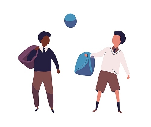 Pair of boys dressed in school uniform playing football. Students, pupils, classmates or schoolfellows kicking ball. Sports activity for kids. Colored vector illustration in modern flat style