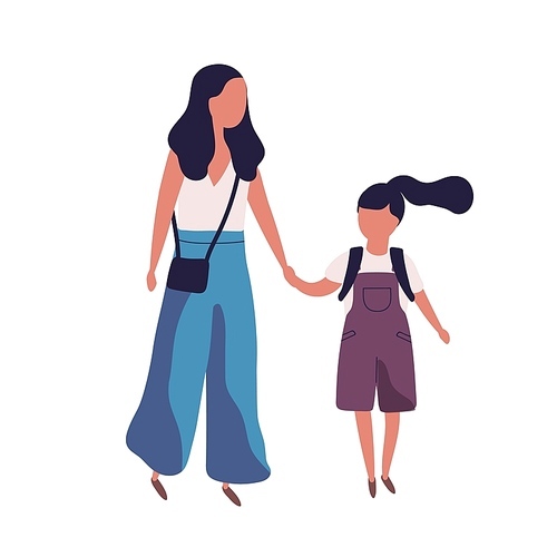 Mother leading her daughter to school. Portrait of modern family. Mom and little girl walking together. Parent and schoolgirl holding hands isolated on white . Flat vector illustration