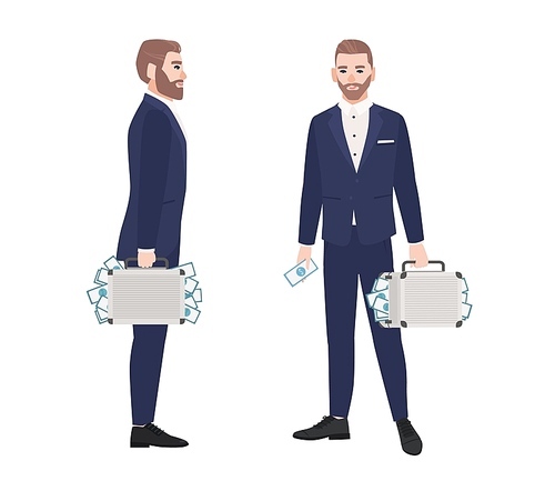 Set of bearded man dressed in smart suit holding briefcase full of money. Wealthy person, rich businessman, millionaire isolated on white . Side and front views. Cartoon vector illustration.