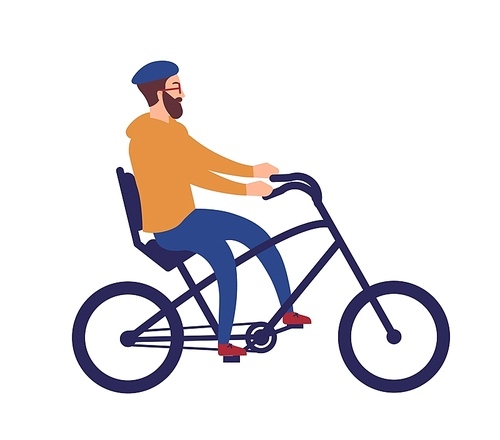 Bearded man in helmet riding stylish chopper bicycle. Happy cycling hipster guy isolated on white . Cute funny male bicyclist on bike. Colorful vector illustration in flat cartoon style