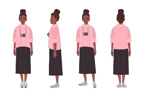 Cute African American teenage girl dressed in jumper and skirt. Funny young woman wearing casual clothes isolated on white . Front, side, back views. Flat cartoon vector illustration