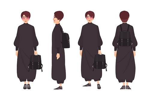 Young girl with short hair and sunglasses wearing stylish jumpsuit and holding backpack. Woman in trendy outfit. Street style total black look. Front, side, back views. Cartoon vector illustration