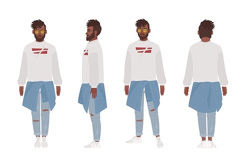 african american guy dressed in casual clothes. stylish young man, street style look. male cartoon character isolated on . front, side and back views. flat vector illustration