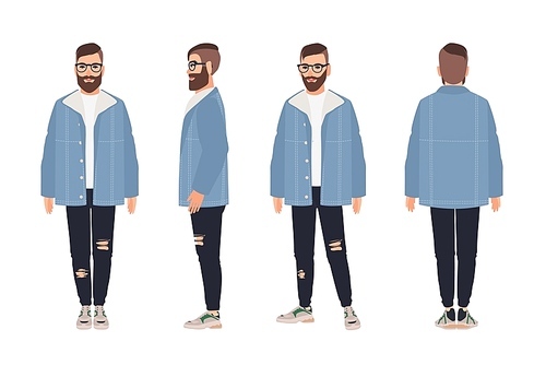 Bearded man wearing glasses, jacket and jeans. Hipster guy dressed in fashionable clothes. Male cartoon character isolated on white . Street style outfit. Flat colored vector illustration