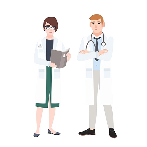 Male and female doctors wearing white coats talking to each other. Conversation or discussion between man and woman medical practitioners or physicians. Flat cartoon colorful vector illustration