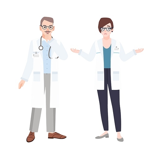 Male and female physicians wearing white coats talking to each other. Professional conversation, dialog or discussion between man and woman doctors or therapists. Flat cartoon vector illustration