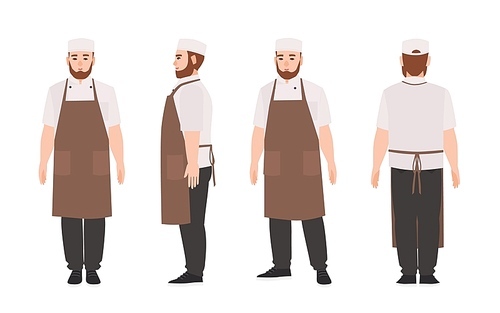 Waiter, professional restaurant and kitchen worker wearing apron. Cute male cartoon character isolated on white . Front, side, back views. Colorful vector illustration in flat cartoon style