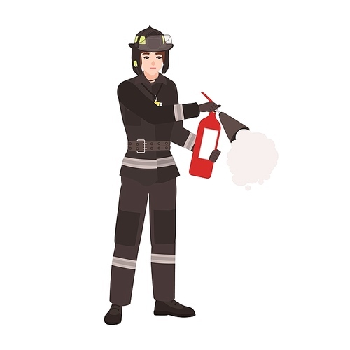 Firefighter, fireman or rescuer wearing fireproof protective uniform, helmet and holding fire extinguisher. Male cartoon character isolated on white . Colorful flat vector illustration