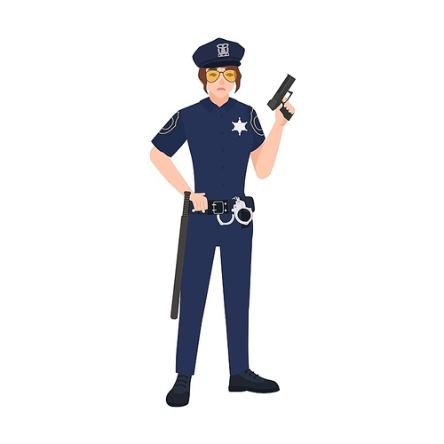 Female police officer wearing uniform, cap and sunglasses and holding gun. Woman cop or policewoman. Cartoon character isolated on white . Colorful vector illustration in flat style