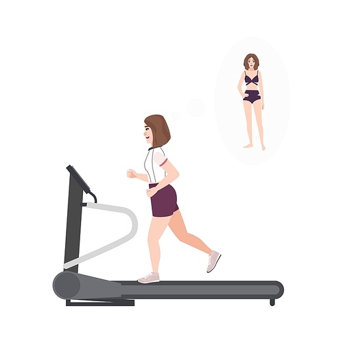Fat woman wearing fitness apparel running on treadmill. Female cartoon character performing cardio training on exercise machine and thinking of weight loss and perfect shape. Flat vector illustration.