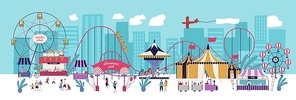 Amusement park with various attractions, circus, ferris wheel, carousel, roller coaster, kiosks with candies and ice cream. City area for recreation and entertainment. Flat vector illustration
