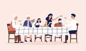 Happy people sitting at table, eating holiday meals, drinking wine and talking to each other. Family Christmas or Thanksgiving dinner or supper. Colorful vector illustration in flat cartoon style.