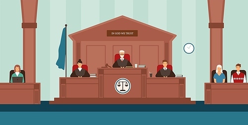 Courtroom with panel of judges sitting behind desk or bench, secretary, witnesses. Court or tribunal resolving dispute. Trial or legal proceeding. Colorful vector illustration in flat cartoon style
