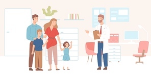 Smiling mother, father and children came to physician's office, clinic or hospital. Visit to family doctor or meeting with medical adviser. Colorful vector illustration in flat cartoon style.