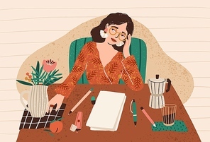 Young pensive woman sitting at desk with clean sheet of paper in front of her. Concept of writer's block, fear of blank slate, creativity crisis, work start problem. Flat cartoon vector illustration