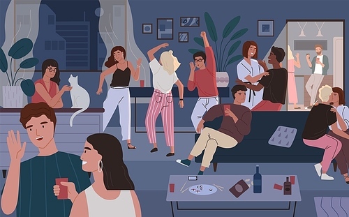 Happy friends at home party. Apartment or living room full of people having fun, dancing and talking. Young cute men and women spending time together at night. Flat cartoon vector illustration
