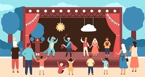 Street theatre for children with actors dressed in costumes performing play or fairytale in front of audience. Outdoor theatrical performance for kids. Vector illustration in flat cartoon style
