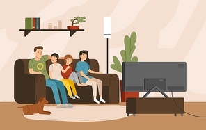 Smiling mother, father and children sitting on comfy sofa and watching television set. Happy family spending time together. Home entertainment. Colorful vector illustration in flat cartoon style