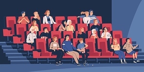 People sitting in chairs at movie theater or cinema auditorium. Young and old men, women and children watching film or motion picture. Viewers or moviegoers. Flat cartoon vector illustration