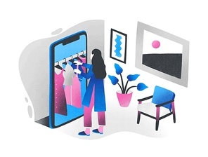 Woman standing in front of giant smartphone and choosing clothes hanging on hanger rail inside it. Concept of online shopping, internet retail, digital store. Colorful isometric vector illustration.