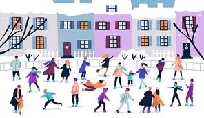 Crowd of tiny people dressed in winter clothes ice skating on rink. Men, women and children in seasonal outerwear on ice skates having fun outdoors. Colorful vector illustration in flat cartoon style.