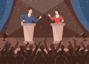 Male and female politicians taking part in political debates in front of audience. Pair of government workers talking to each other or having dispute. Colorful vector illustration in cartoon style.