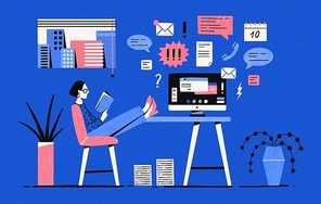 Girl sitting with her legs on desk with computer and reading book instead of working under tasks. Procrastinating woman, procrastination of office worker. Vector illustration in flat cartoon style