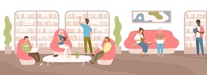 Young people sitting on comfy sofa and in armchairs studying and reading at public library. Flat cartoon men and women surrounded by shelves and racks with books. Modern colorful vector illustration.