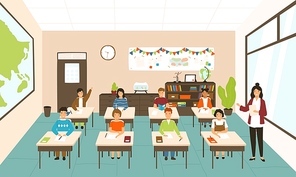 Pupils sitting at desks in modern classroom, young female teacher teaching them. Elementary school boys and girls studying on lesson in class. Colorful vector illustration in flat cartoon style.