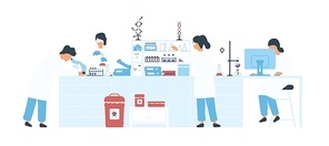 Group of scientists wearing white coats conducting experiments in science laboratory. Male and female researchers in chemical lab. Scientific research. Flat cartoon colorful vector illustration.