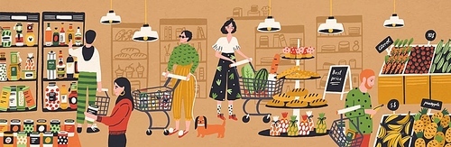 Men and women with shopping carts and baskets choosing and buying products at grocery store. People purchasing food at supermarket. Customers in retail shop. Flat cartoon vector illustration