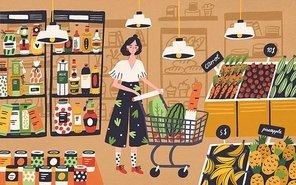 Cute young woman with shopping cart choosing and buying products at grocery store. Girl purchasing food at supermarket. Customer in retail shop. Colorful vector illustration in flat cartoon style