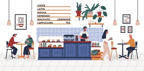 Coffeehouse, coffee shop or cafe with people sitting at tables, drinking coffee and working on laptops and barista standing at counter. Colorful vector illustration in trendy flat cartoon style