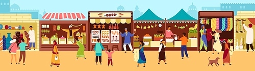 Arab or Asian outdoor street market, souk or bazaar. People walking along stalls, buying fruits, meat, traditional textile, oriental spices, pottery. Flat cartoon colorful vector illustration