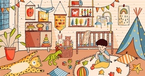 Cute little boy sitting on floor of baby room and playing with toys. Child in nursery full of furniture and home decorations - crib or cot bed, carpet, shelf, houseplant. Cartoon vector illustration