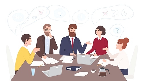 Men and women dressed in business clothes sitting at table and discussing ideas, exchanging information, solving problems. Brainstorm or group discussion. Cartoon vector illustration in flat style