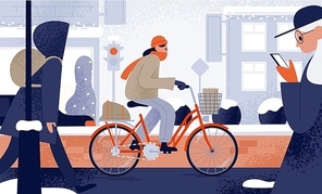 Cute young woman dressed in outerwear riding bicycle in winter. Girl cycling along snowy city street in cold weather. Seasonal outdoor activity. Colorful vector illustration in flat cartoon style