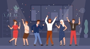 Joyful managers or colleagues celebrating holiday together. Happy men and women having fun and drinking champagne at office corporate party. Colorful vector illustration in flat cartoon style.