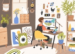 Female graphic designer, illustrator or freelance worker sitting at desk and work on computer at home. Creativity process, creative workplace. Modern vector illustration in flat cartoon style