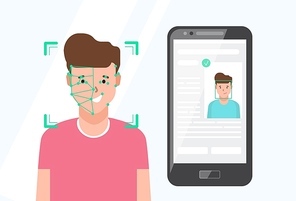 Smartphone with portrait of smiling man sitting beside on screen. Facial recognition technology or software, verification and identification of person. Flat cartoon colorful vector illustration.
