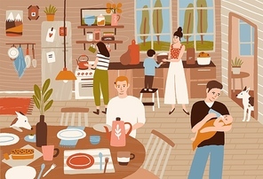 Happy family cooking in kitchen and serving dining table. Smiling adults and children preparing meals for dinner together. Cute home scene. Colorful vector illustration in flat cartoon style