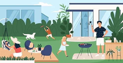 Happy family spending time in backyard. Mother, father and children performing recreational activities in garden. Parents and kids at barbecue party or picnic. Flat cartoon vector illustration